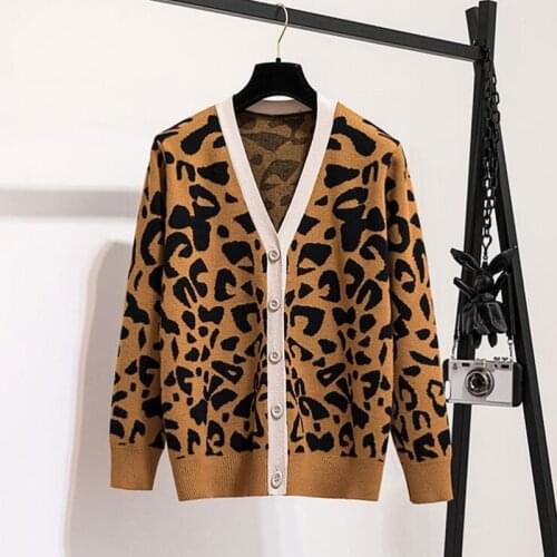 ZAWFL 2021 Women Vintage V Neck Leopard Print Cardigan Knitting Sweater Female Chic Long Sleeve Single Breasted Slim Top