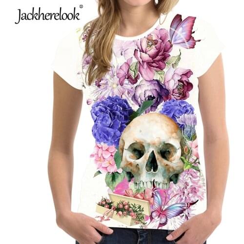 Jackherelook Summer Woman Tshirts Floral Skull Print Fashion Female Top Tee Harajuku Gothic T Shirt Plus Size Ladies Clothes