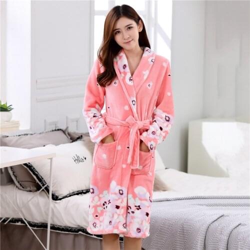 Women Winter Warm Nightdress Soft Flannel Kimono Bathrobe Gown Print Sleepwear Intimate Lingerie Coral Fleece Home Clothes