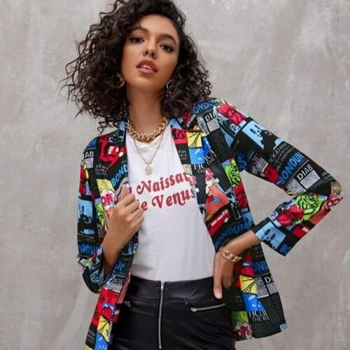 Aesthetic Blazers Newspapers Pattern Print Single Button Suits Women Indie Black White Woman Plus Size Fashion Loose Blazers New