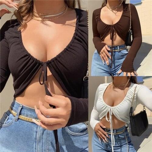 2021 Long Sleeve Wrapped Bandage Sexy Crop Top Autumn Winter Women Fashion Streetwear Outfits T Shirts Club Tees