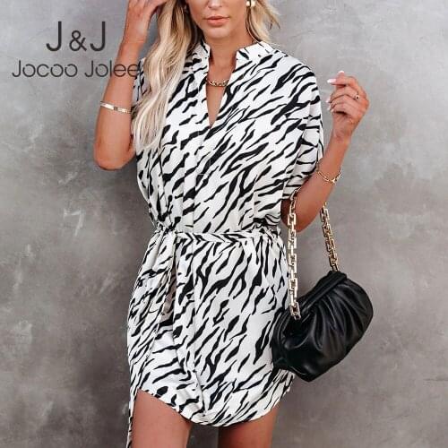 Office Lady Oversized Loose Dress Women Elegant Zebra Print Shirt Dress Summer Light Dress Casual Lace Up Tunic Dress Clothing