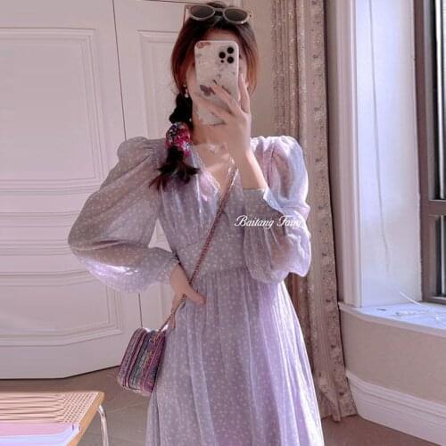 Bella 2021 new Vintage Floral Dress Women Elegant Chiffon Purple Dress Puff Long Sleeve V Neck Midi Dress Fall Dresses for Women
