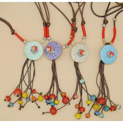 12 Pieces/Lot Long Tassel Pendant Necklace For Women Ceramic Beads Vintage Leaf Pendants Necklaces Sweater Chain Choker Jewelry