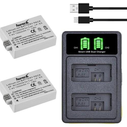 2Pcs LP-E5 LP E5 Batteries + LED Built-in USB Charger for Canon EOS Rebel XS Rebel T1i Rebel XSi 450D 500D 1000D Kiss X3 X2 F
