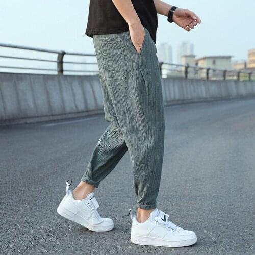 Chinese Style Cotton Linen Cropped Men Pants Casual Baggy Harem Pants Solid Color Elastic Waist Trousers Vintage Mens Clothing