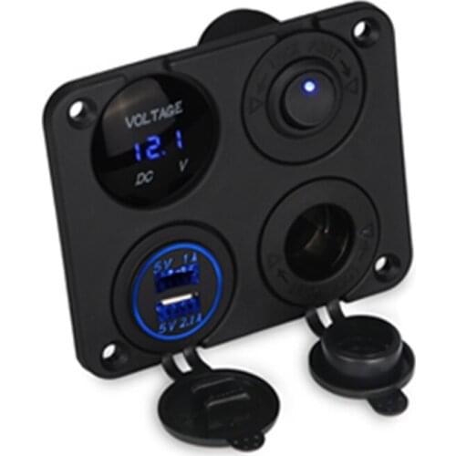 Dual USB Car Charger Adapter Cigarette Lighter Socket LED Digital Voltmeter Switch 12V Socket 4 Hole Switch Panel