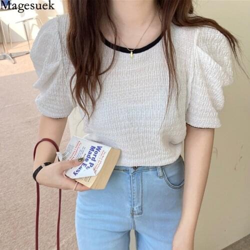 Plus Size Womens Summer Tops New Korean Simple O Neck Casual Blouse Women T-shirt Puff Short Sleeve Loose White Shirt 14894