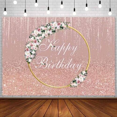 Avezano Happy Birthday Backdrop Golden Round Decor Portrait Photography Background Studio Pink Shiny Flower Photozone Photophone