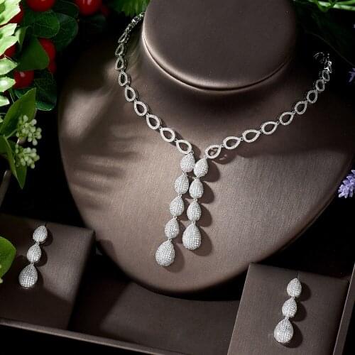 HIBRIDE Trendy Nigeria 2pcs Water Drop Statement Jewelry Set for Women Wedding Full Cubic Zircon Dubai Bridal jewelry N-1271