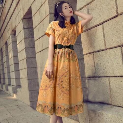 Cotton 100% 2021 Summer Women Runway Fashion Flower Print Elegant With Belt Party Holiday Dress