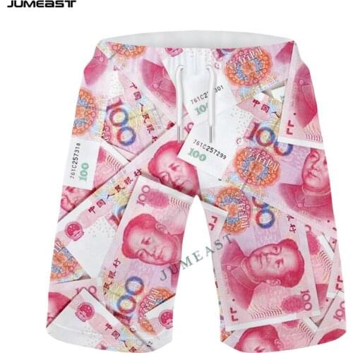 Jumeast Brand Men Women 3D Starry Chinese Money Renminbi Shorts Trunks Quick Dry Beach Casual Sweatpants Short Pants