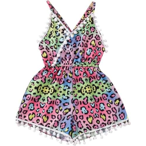 Lovely Kids Jumpsuit Baby Girls Colorful Leopard Print V-Neck Sleeveless Romper Playsuits for Summer Fall 18 Months-6 Years