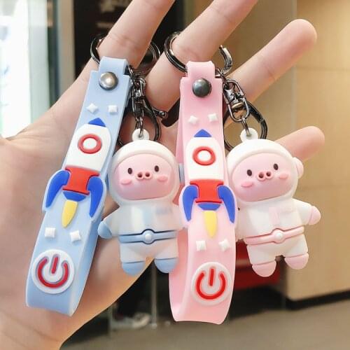 Cartoon Space Pig Doll Keychain Cute Silicone Couple Pendant Keyring Cute Bag Car Charm Key Ring Ornament Gift