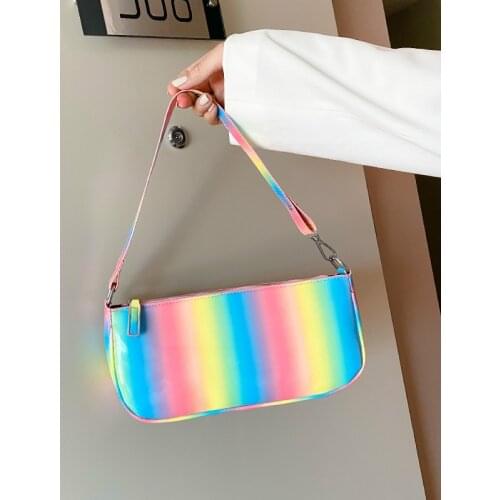 2021 Brand New Women Baguette Bag Rainbow Colorful Mini Leather Tote Bag Summer Retro Shoulder Bag Female Bag