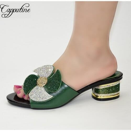 Newest Green Women High Heels Shoes African Pumps Party Nigerian Slippers With Rhinestones 81-5 Height 5.3CM