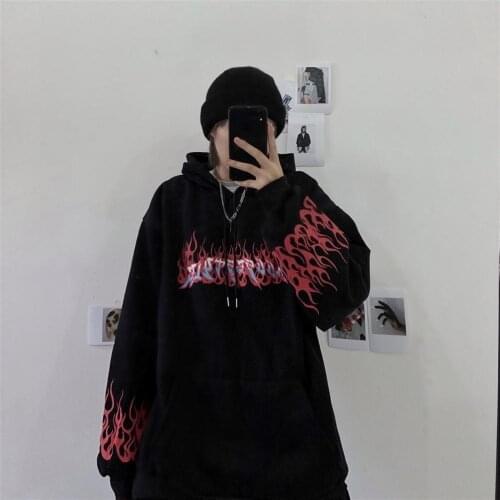 Autumn and winter Korean version of ins Harajuku style dark flame printing loose plus velvet hooded men and women tide
