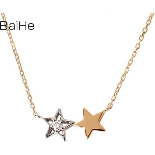 BAIHE Solid 18K Yellow Gold 0.08CT H/SI Natural Diamonds Wedding Women Trendy Fine Jewelry Elegant Diamond Star Necklaces