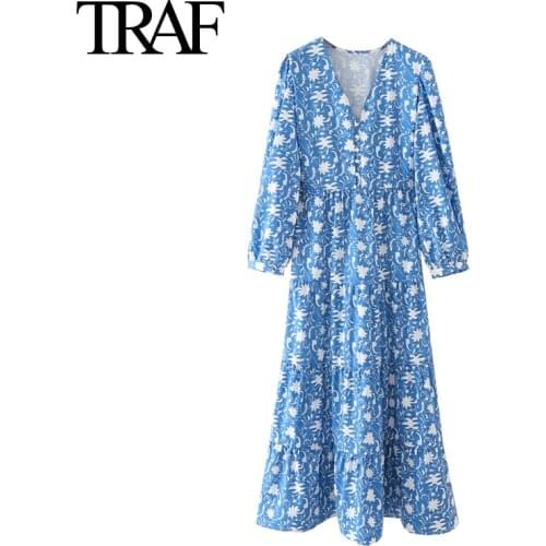 TRAF Women Fashion Floral Dresses French Vintage V-Neck Long Dress MIDI Dress Vestido Feminino