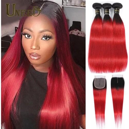 Brazilian Hair Weave Bundles With Closure Ombre Straight Human Hair 3Bundles With 4x4X1T Part Lace Closure1B/Red Remy Human Hair