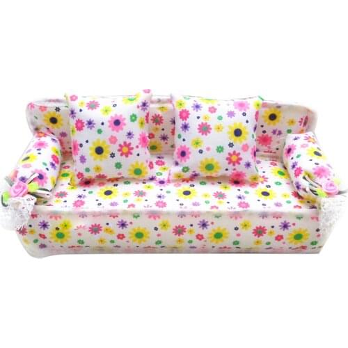 Kawaii Cute Mini Miniature Furniture Flower Sofa Print Couch with 2 Cushions House Accessories for Barbie Doll Toy Children Gift