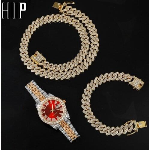 Hip Hop 13.5MM 3PCS KIT Heavy Watch+Prong Cuban Necklace+Bracelet Bling Crystal AAA+ Iced Out Rhinestones Chains For Men Jewelry