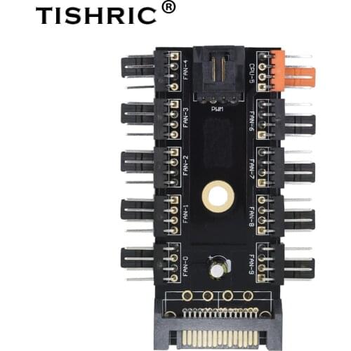 TISHRIC Black 1 to 10 PC Cooler Cooling Fan Hub Splitter Cable Pwm SATA 12V Power Supply Speed Controller Adapter For Mining