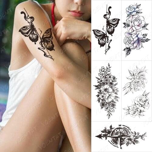 Waterproof Temporary Tattoo Sticker Old School Moth Butterfly Tatto Compass Flowers Wing Clock Body Art Arm Fake Sleeve Tatoo