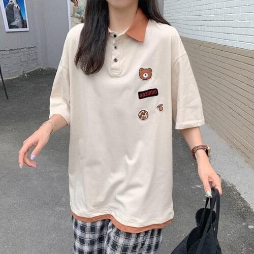 Japanese Tees Bear Embroidery POLO Shirts Cotton Vintage T Shirts 2021 Summer Plus Size Teens Tops Japan Korean Fashion Lovers