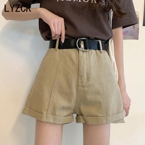 LYZCR Wide Leg Denim Shorts For Women Summer 2021 High Waist Jeans Shorts Women Casual Loose Womens Shorts Jean White Kahki