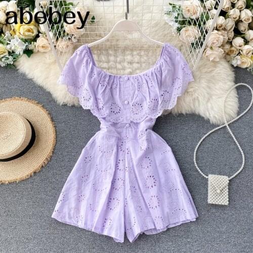 Sexy Slash Neck Women Jumpsuits 2020 New Sweet Ruffles Hollow Solid Rompers Summer Fashion Wide Leg Short Rompers