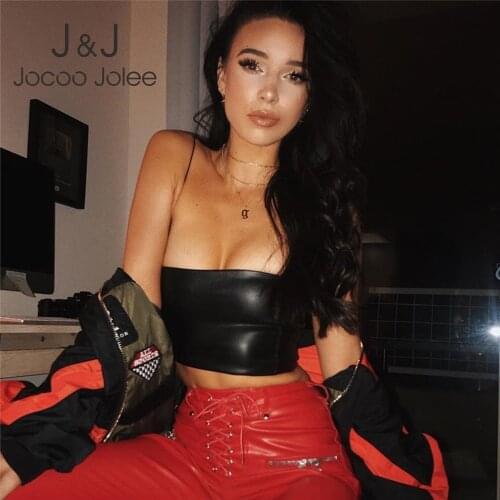 Jocoo Jolee Sexy Black PU Leather Camis Women Slash Neck Straped Bodycon Crop Tops Ladies Chic Ring Skinny Camis Streetwear