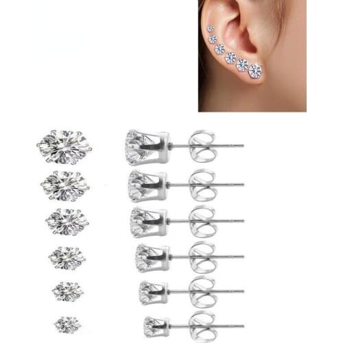 1Pair G23 Titanium Stud Earrings CZ Zircon Cartilage Tragus Piercing Round Six Grip Earrings 2021 Trend Body Jewelry For Women