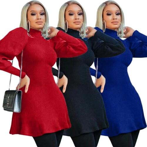 2021 Autumn Winter Thick Screw Thread Dresses Fashion Solid Color High Collar Lantern Sleeve Casual French Dress Women