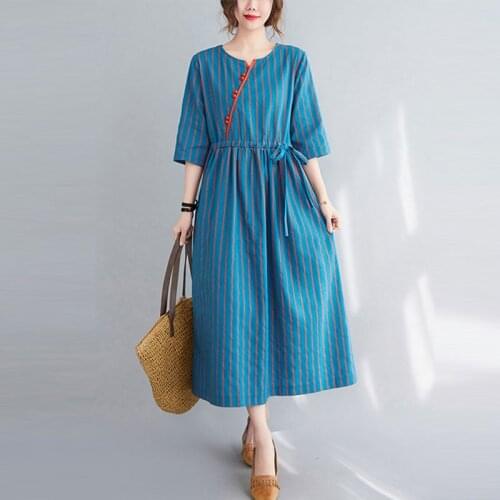 Women Cotton Linen Casual Dress New Arrival 2021 Summer Vintage Style Striped Half Sleeve Loose Female A-line Long Dresses S3763