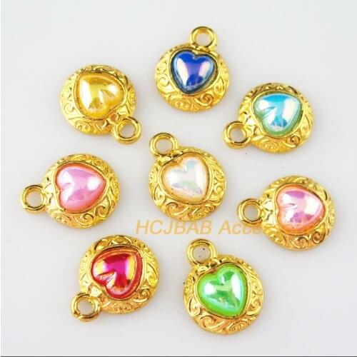 16 New Mixed Acrylic Charms Gold Color Heart Flower Pendants 13x16mm