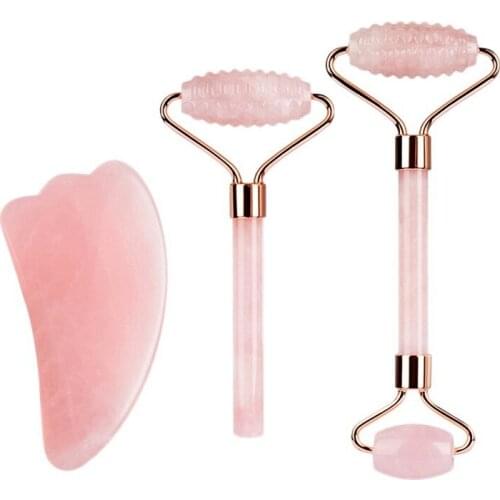 4 in 1 Rose Quartz Roller with Gua Sha Set Double Heads Jade Stone Face Lift Body Skin Lift Jade Roller 3Pcs/Lot