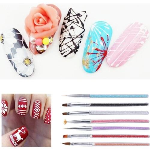 7Pcs/set Nail Art Brush Set UV Gel Nail Painting Brushes Rhinestone Handle Nail Liner Drawing Pen Manicure Tools Flat Head