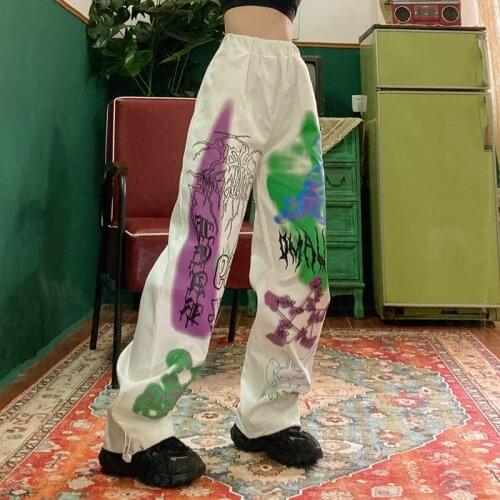 Pants trousers strange taste girl soft girl cartoon print Street hip hop loose BF father pant show thin overalls