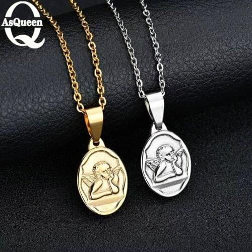 Classic Cupid Angel Pendant Necklace Stainless Steel Round Amulet Necklace angel wings necklace fashion jewelry pendant