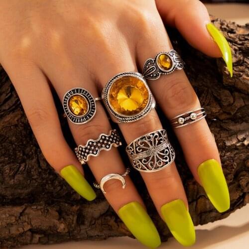 HuaTang 7pcs Vintage Big Crystal Finger Rings Set for Women Silver Color Crescent Open Midi Knuckle Ring Female Jewelry Anillos