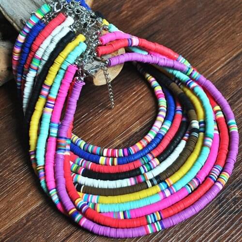 New Bohemian Short Necklace Handmade Round Disc 6mm Mixed Color Soft Ceramic Necklace Clavicle Chain