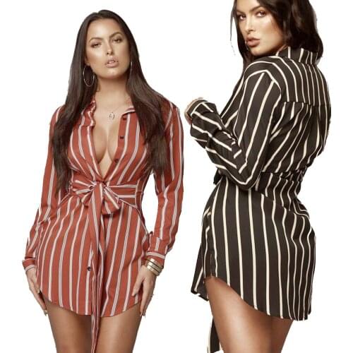 Summer New Womens Fashion Sexy Striped Tie Waist Shirt Dress