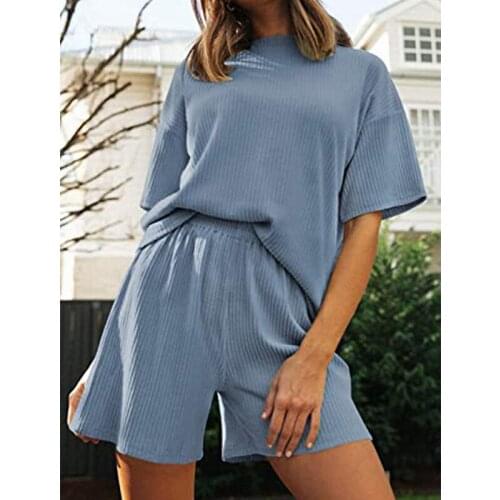 Summer Womens Fashion New Sports Suit Round Neck Short-sleeved Pullover T-shirt + High Waist Casual Loose Shorts Two-piece Suit