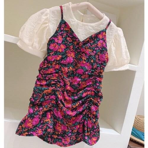 Summer Girls' Clothes Suit Wrinkled Floral Sling Dress+Inner Short Sleeve New Fashion Cute ChildrenS Baby Kids Clothing Sets