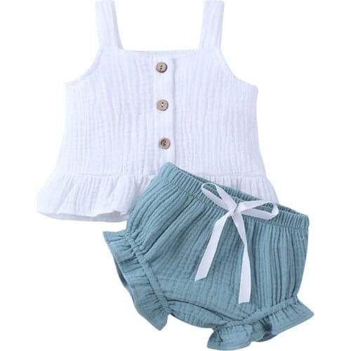 Newborn Infant Baby Girls Summer Outfits Buttons Sleeveless Ruffles Tank Top and Bowknot Mini Shorts Solid Color 2pcs Clothing