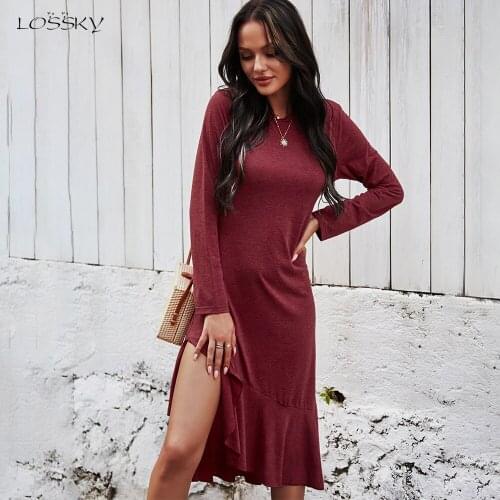 Long Dress Fashion Solid Elegant Ladies Long Sleeve Ruffle Asymmetrical Dresses For Women Spring Autumn Clothes New Arrival 2021