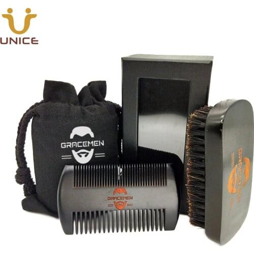 MOQ 100 Sets OEM Customized LOGO Black Men Care Kit for Face Hair Beard Mustache Includes Beards Brush Dual Sided Teeth Comb