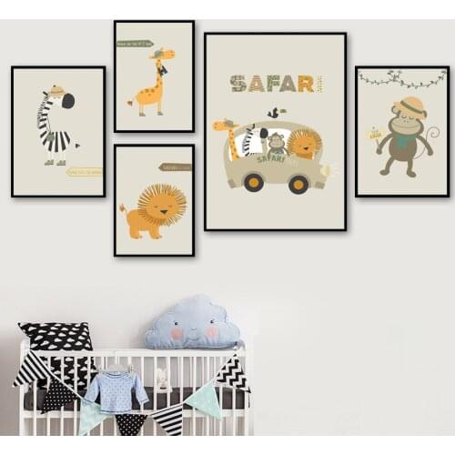 Cartoon Safari Animals Zebra Lion Giraffe Monkey Bear Wall Art Print Canvas Painting Nordic Poster Decor Pictures Baby Kids Room
