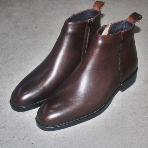 Mens 2020 New Genuine Leather Chelsea Boots with Fur British Full Grain Leather Shoes Men Business Dress Short Boots